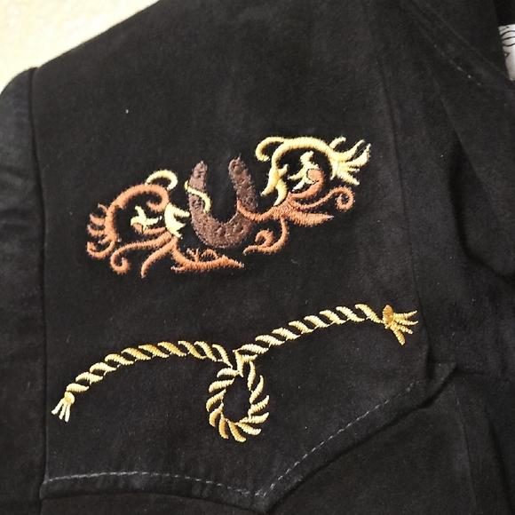 Equestrian Suede Leather Embroidered Jacket Blazer Size Medium Satin Lined Black - Picture 10 of 15